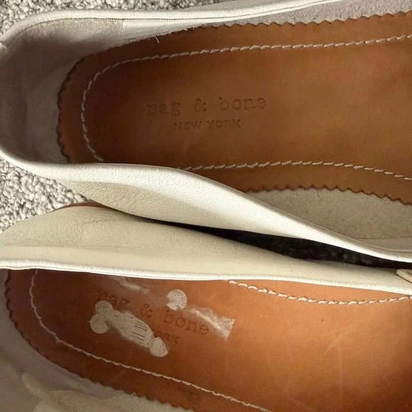Rag & Bone White Leather Penny Loafers Size 39.5 Gathered Toe Stacked Heel Flats - Picture 7 of 9